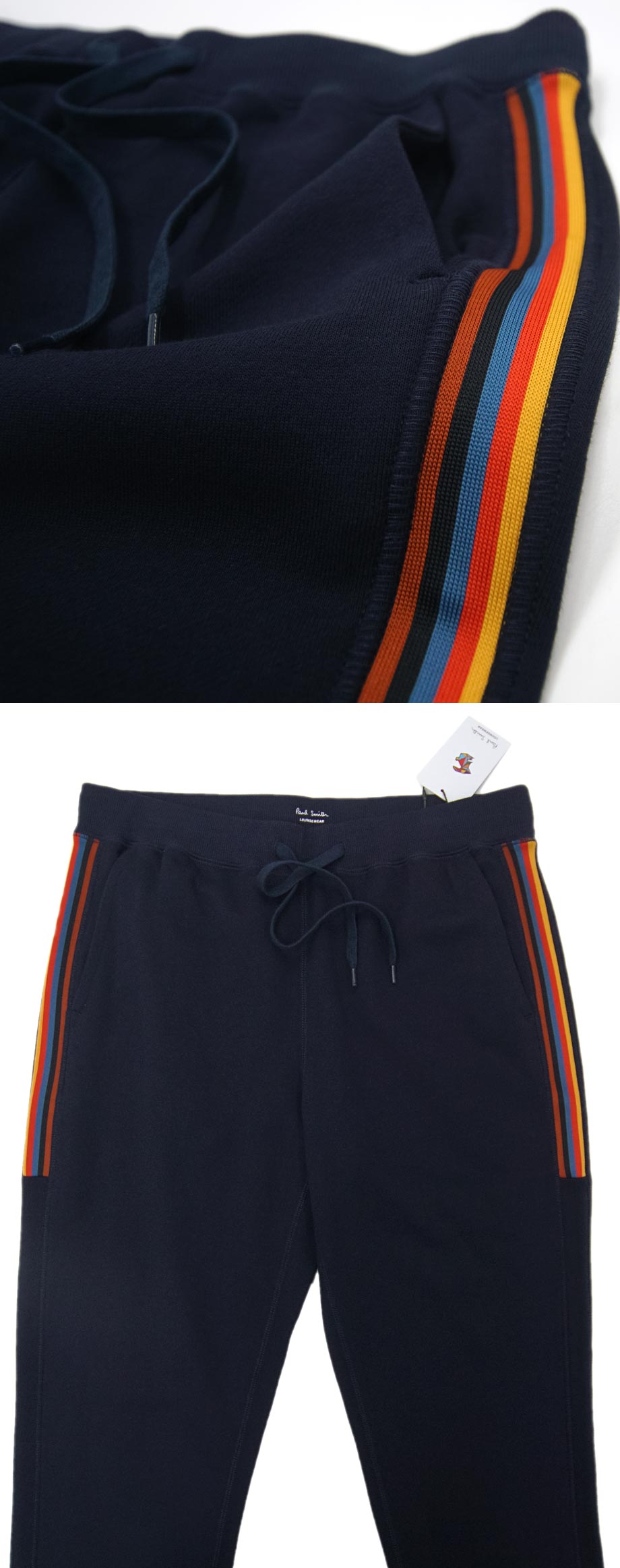 [新品]ポールスミス【M】マルチアーティストストライプ ジョガーパンツ スウェットパンツ 裏パイル 伸縮豊か ウエストにゴム入 洗濯可能 紺