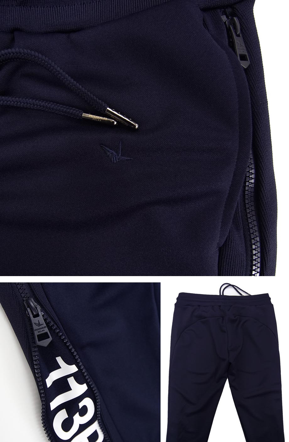 [新品]1PIU1UGUALE3 RELAX【XL】ジップロゴ ジョガーパンツ 伸縮豊かなジャージ ウエストゴム 裾に隠しロゴ 紺 ウノピゥウノウグァーレトレ