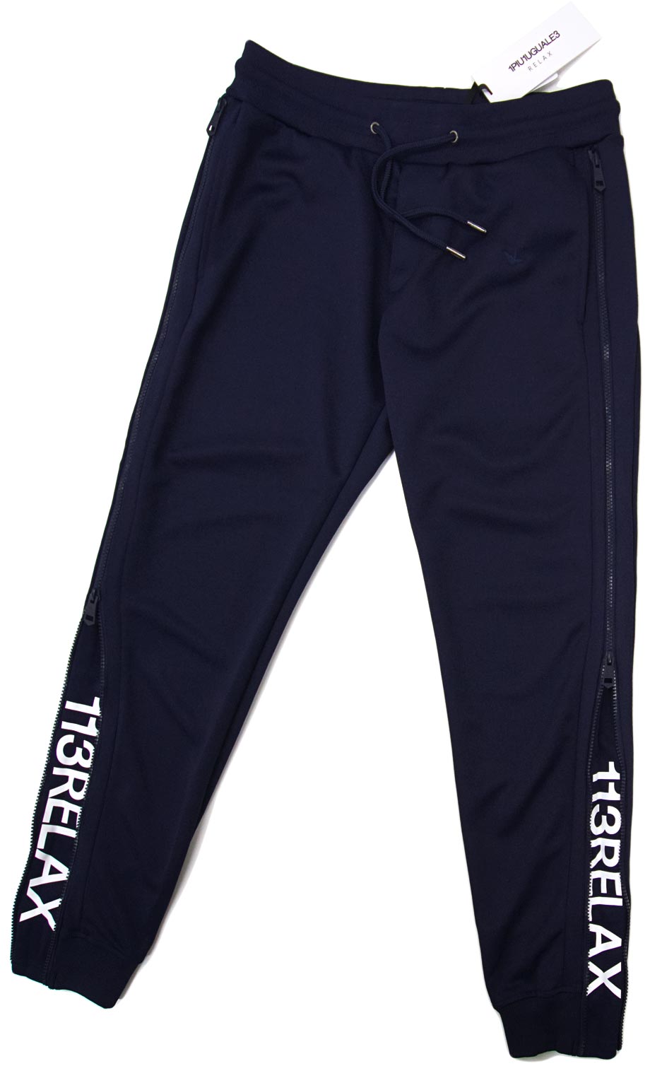[新品]1PIU1UGUALE3 RELAX【XL】ジップロゴ ジョガーパンツ 伸縮豊かなジャージ ウエストゴム 裾に隠しロゴ 紺 ウノピゥウノウグァーレトレ