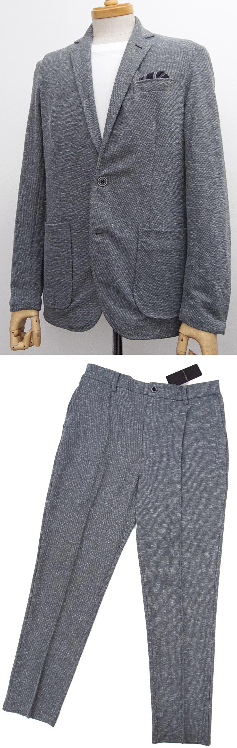 [新品]INED イネドオム【M】清涼セットアップスーツ(ジャケットとパンツのセット) 麻混 スーパーストレッチ ウエストゴム 洗濯機で洗える