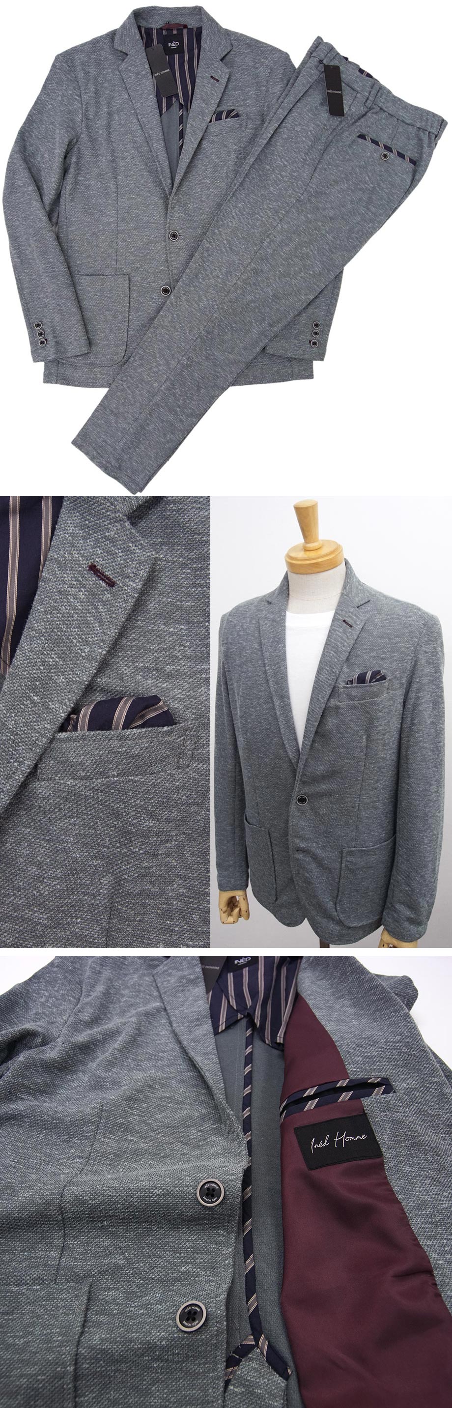 [新品]INED イネドオム【M】清涼セットアップスーツ(ジャケットとパンツのセット) 麻混 スーパーストレッチ ウエストゴム 洗濯機で洗える